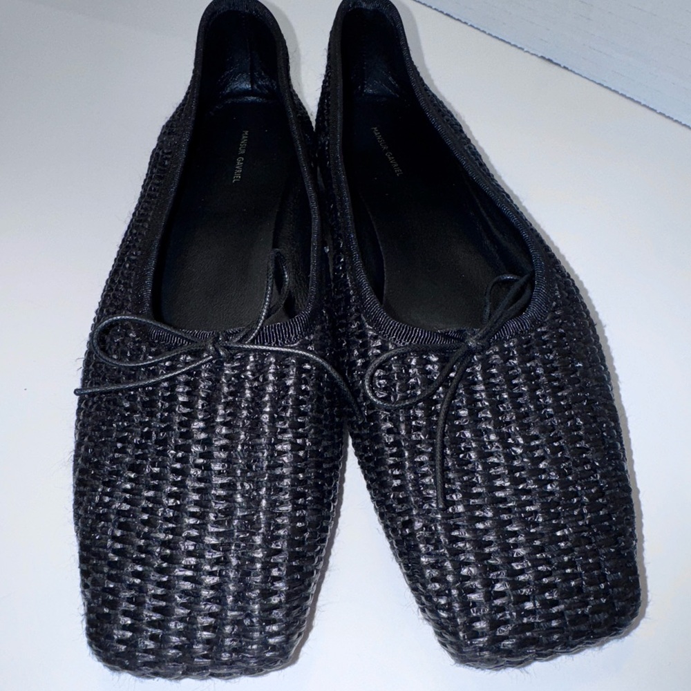 Mansur Garavani Raffia Black Sqaure Toe Ballet Flats 36=6 - Picture 3 of 7